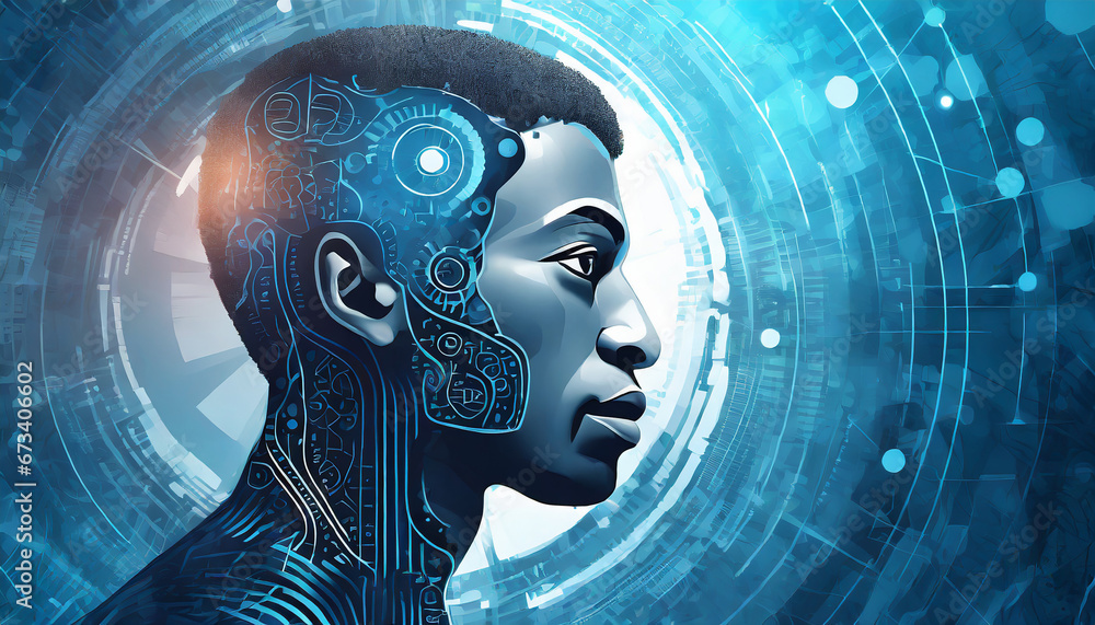 Concept of artificial intelligence. Human face in blue colors Concept of artificial intelligence. Human face in blue colors