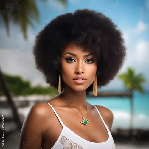 Retrato mujer pelo rizado con un top blanco pendientes y un colgante con el mar una playa y palmeras 