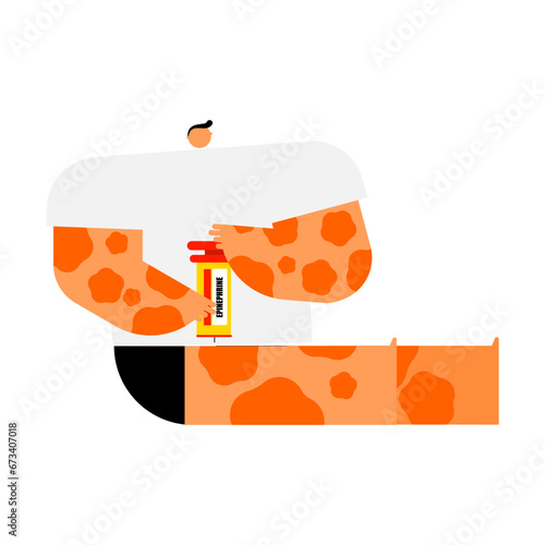 Cartoon character for anaphylactic shock first aid and resuscitation by epinephrine intramuscular injection.