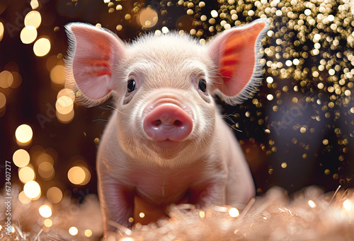Nahaufnahme eines niedlichen Ferkels mit weihnachtlich beleuchtetem Hintergrund. Schweinemotiv erzeugt mit Generative AI.