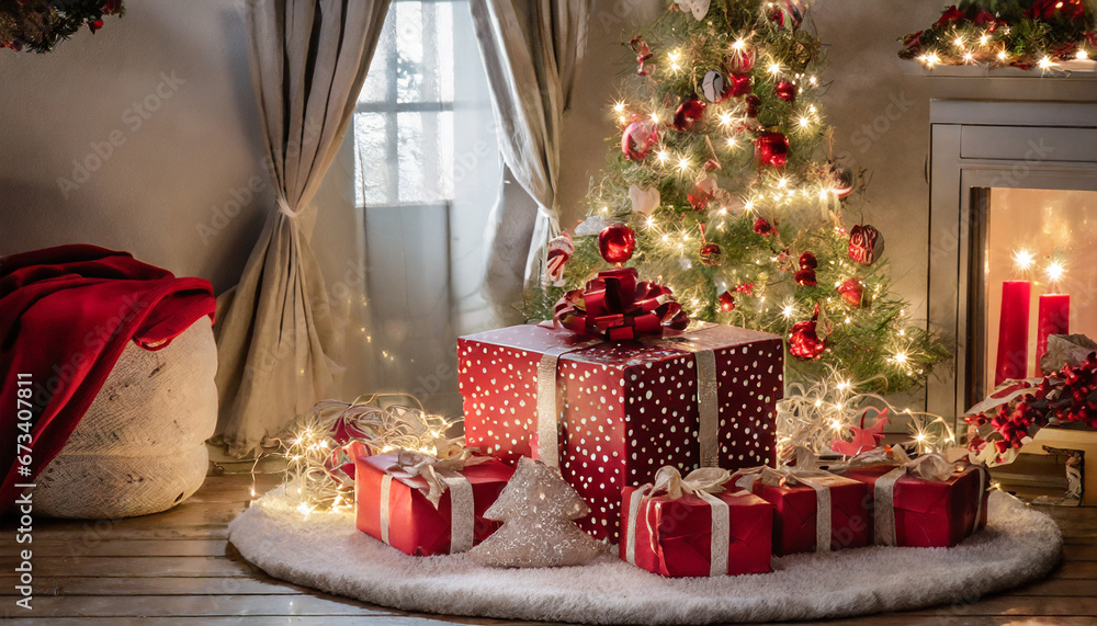 regalos tojos en una alfombra bajo un árbol de navidad