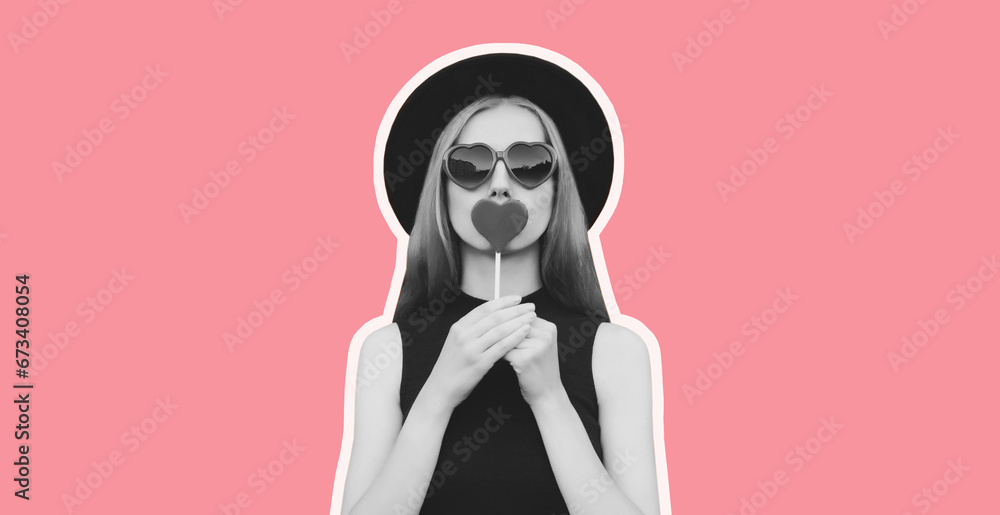 Portrait of beautiful young woman with lollipop blowing her lips with lipstick sending sweet air kiss wearing heart shaped sunglasses, black round hat on pink background, black and white photo Portrait of beautiful young woman with lollipop blowing her lips with lipstick sending sweet air kiss wearing heart shaped sunglasses, black round hat on pink background, black and white photo