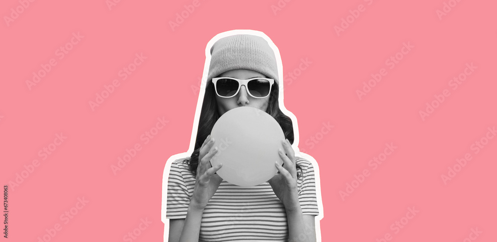 Fashionable portrait of stylish cool young woman inflating chewing gum wearing pink hat on pink studio background - obrazy, fototapety, plakaty 