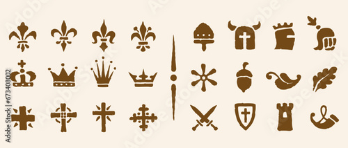 Heraldic symbols in the Romanesque style in the old paper background. Vector set vintage icons of historical Heraldic symbols.