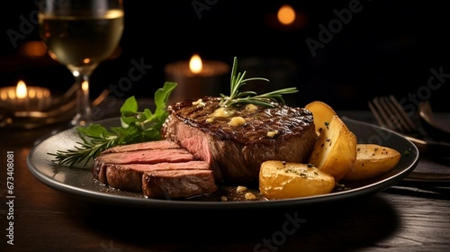 steak dinner with potatoes. gourmet dish. generative AI illustration.