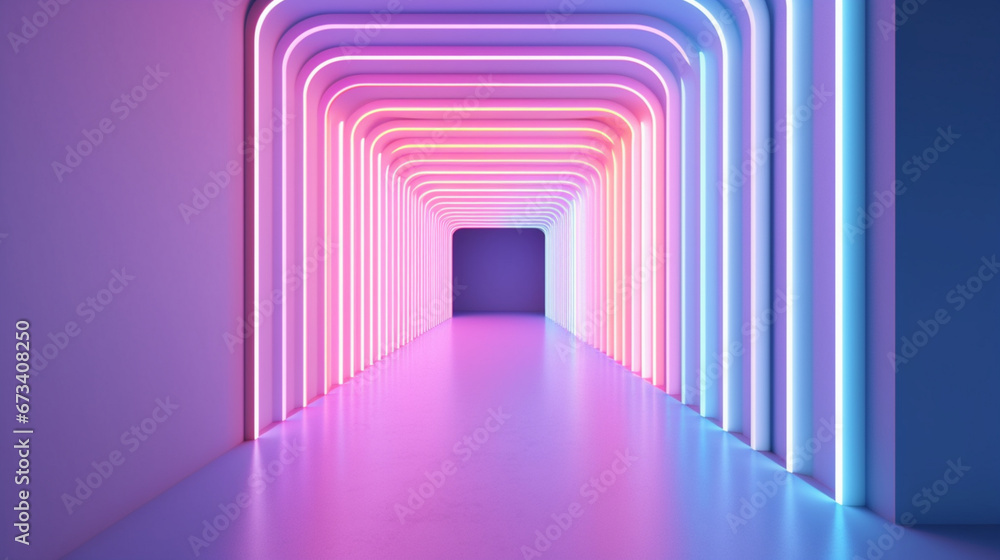 Fototapeta premium Futuristic neon empty corridor or hallway. Interior of a empty minimal modern room with copy space. Generative AI