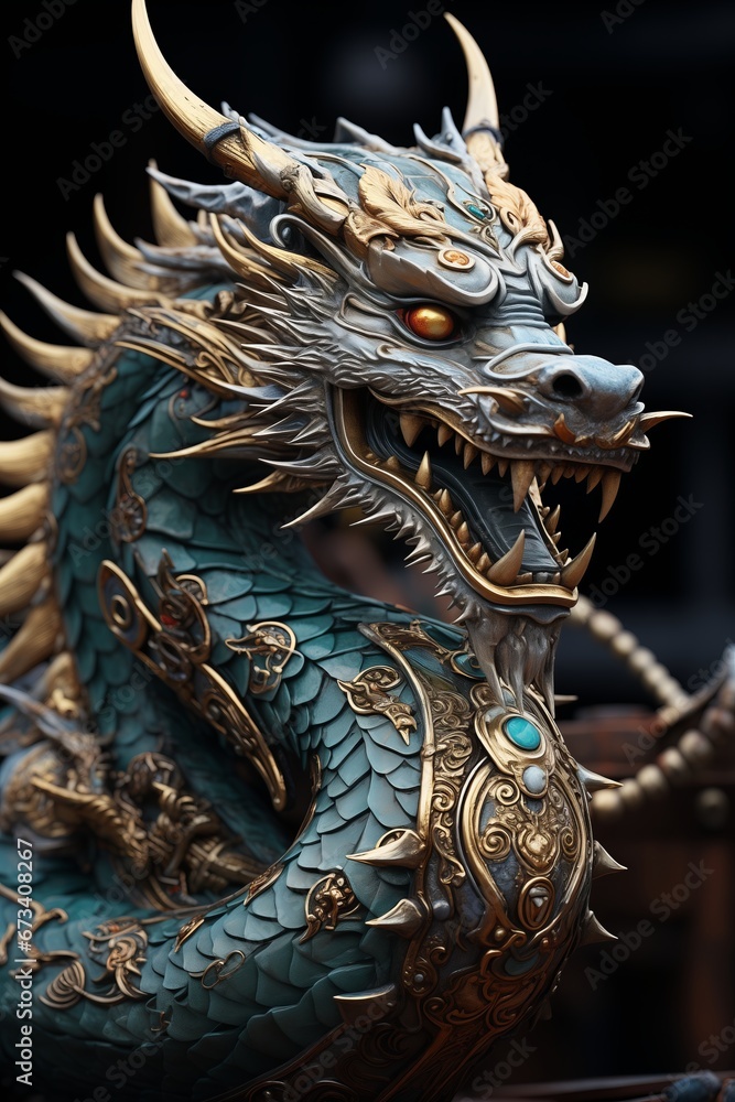 Sculpture of a Chinese dragon made of precious metal. Mythical formidable creature. An ancient fairy-tale beast. A giant fire-breathing monster. Sculpture of a Chinese dragon made of precious metal. Mythical formidable creature. An ancient fairy-tale beast. A giant fire-breathing monster.