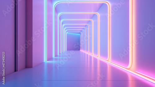 Futuristic neon empty corridor or hallway. Interior of a empty minimal modern room with copy space. Generative AI