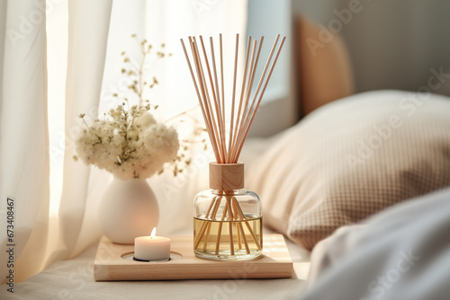Liquid home fragrance in a diffuser with wooden sticks on table in bedroom photo