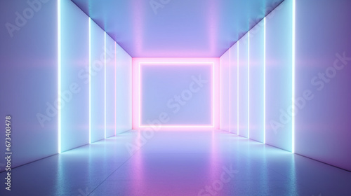 Futuristic neon empty room. Interior of a empty minimal modern room with copy space. Generative AI