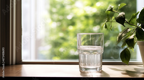 water in a glass on the windowsill. Generative AI