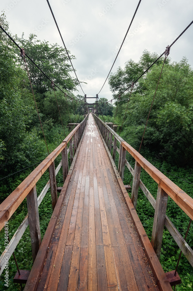 Obraz premium Wide angle, vertical photography. Bridge hanging on metal cables