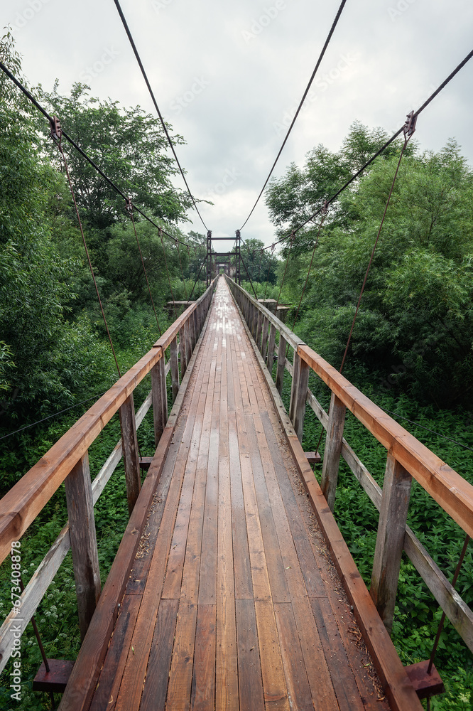 Wide angle, vertical photography. Bridge hanging on metal cables
