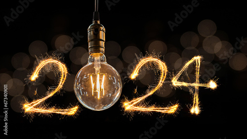 Luxury beautiful retro or vintage dirty light bulb decor hanging with 2024 Happy new year concept written number by sparkle firework