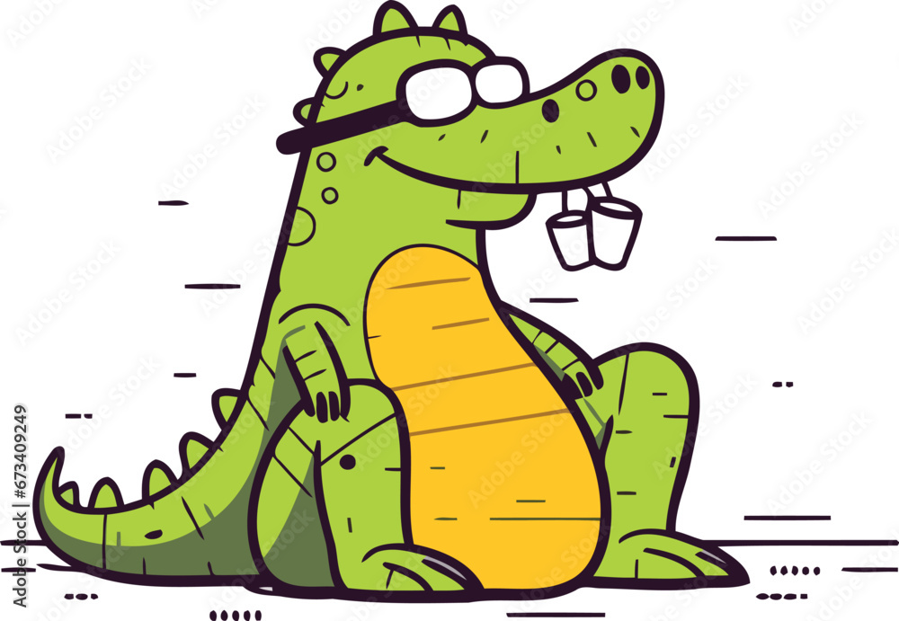 Fototapeta premium Cute crocodile with ice cubes. Vector illustration in cartoon style.