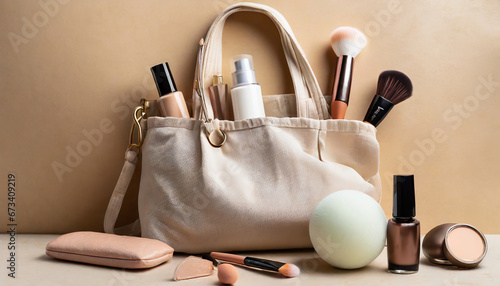 Canvas bag with cosmetics and accessories on beige background