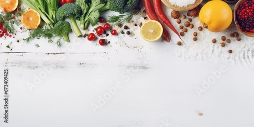 Winter vegetarian, vegan food preparation ingredients on white wooden background , AI generator