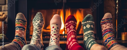 Cropped view of women in winter socks with fireplace in background , AI generator