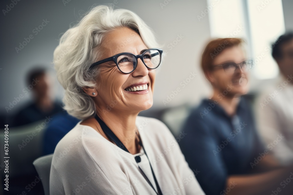 Radiant senior businesswoman in glasses sharing a joyful moment at a team meeting Radiant senior businesswoman in glasses sharing a joyful moment at a team meeting