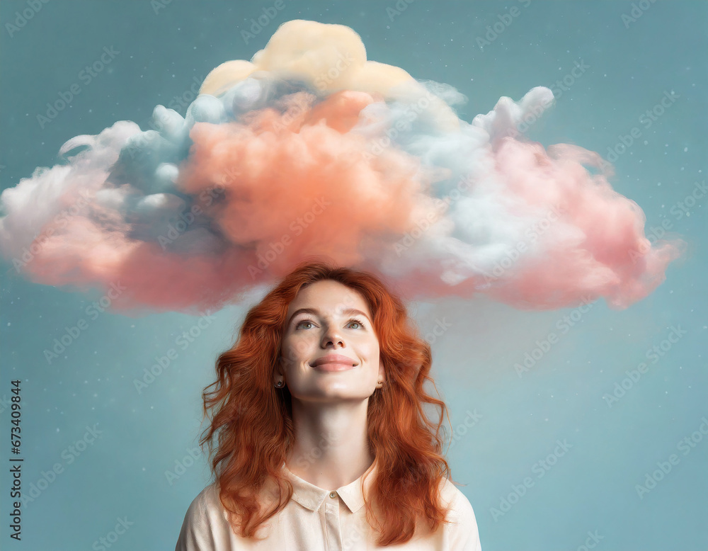 Woman with abstract pastel clouds over her head, concept of mental health, depression, emotions