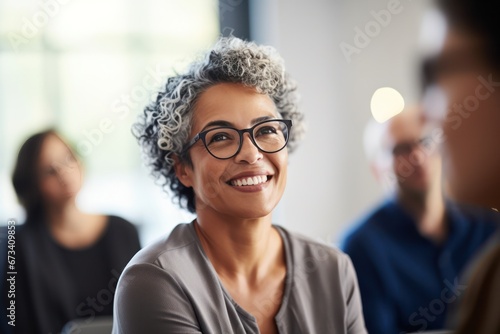 Joyful mature mixed race businesswoman with glasses smiling during a team meeting