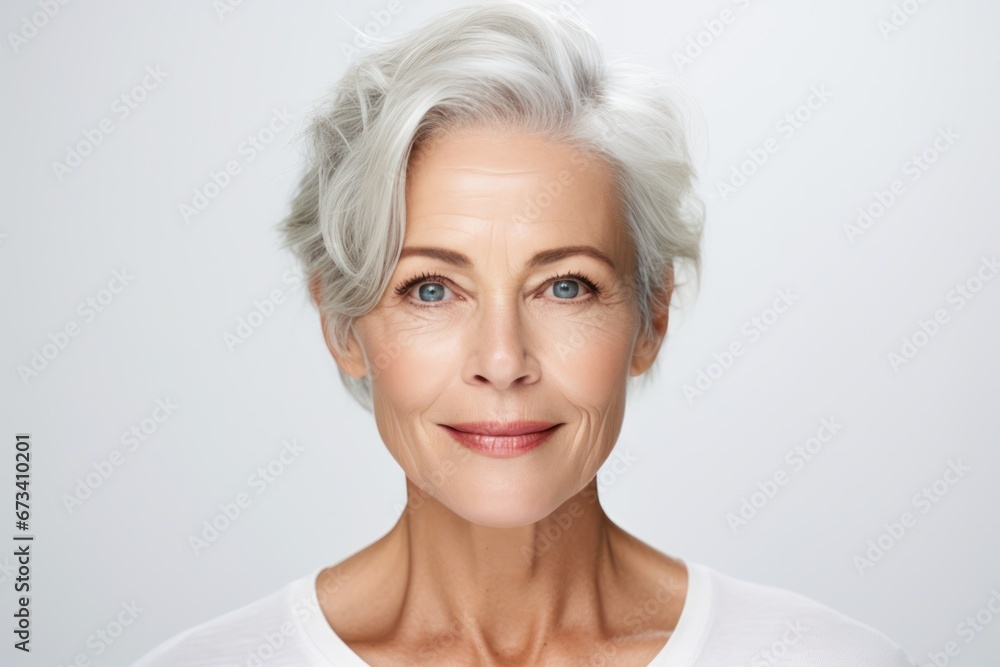 Confident mature woman with silver hair and a bright smile against a clean white background Confident mature woman with silver hair and a bright smile against a clean white background