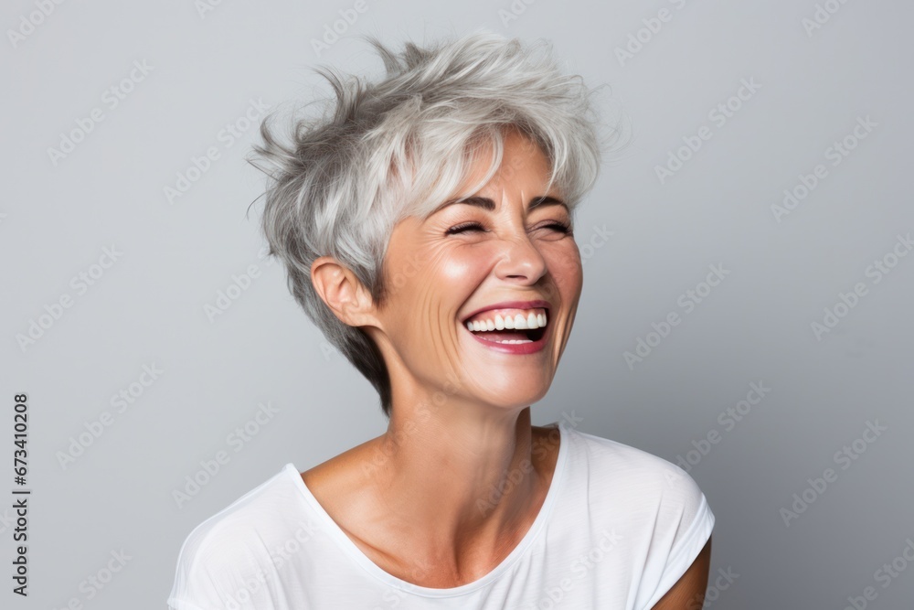 Vibrant mature woman with silver hair laughing joyously on a grey background, white smile. Vibrant mature woman with silver hair laughing joyously on a grey background, white smile.