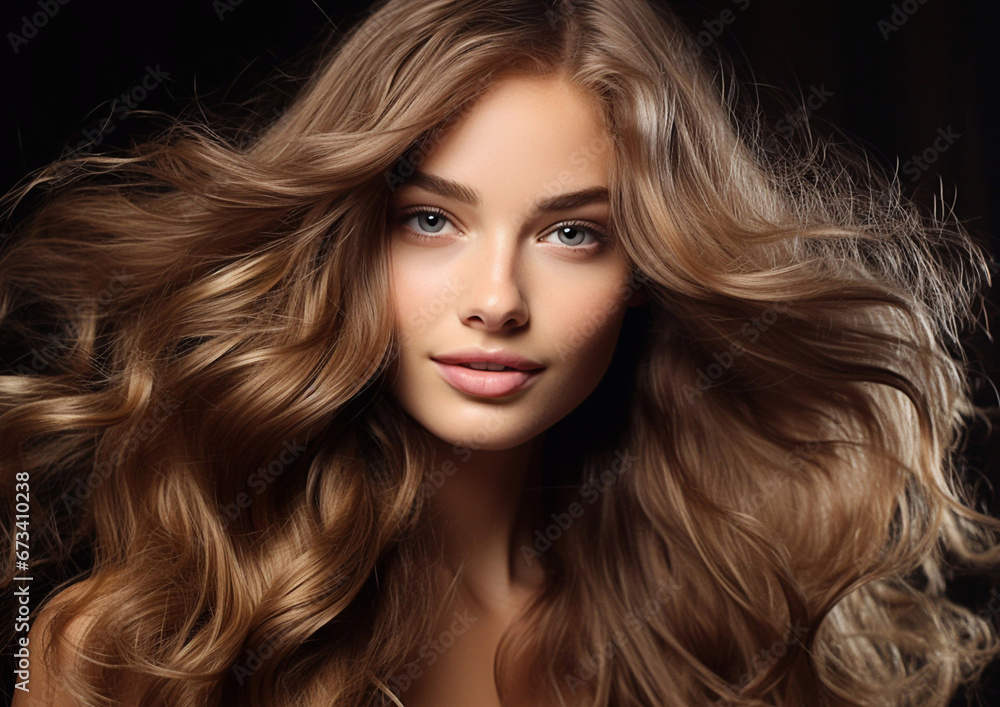 Beautiful woman with shiny silky wavy long brown hair on dark backround.Macro.AI Generative Beautiful woman with shiny silky wavy long brown hair on dark backround.Macro.AI Generative