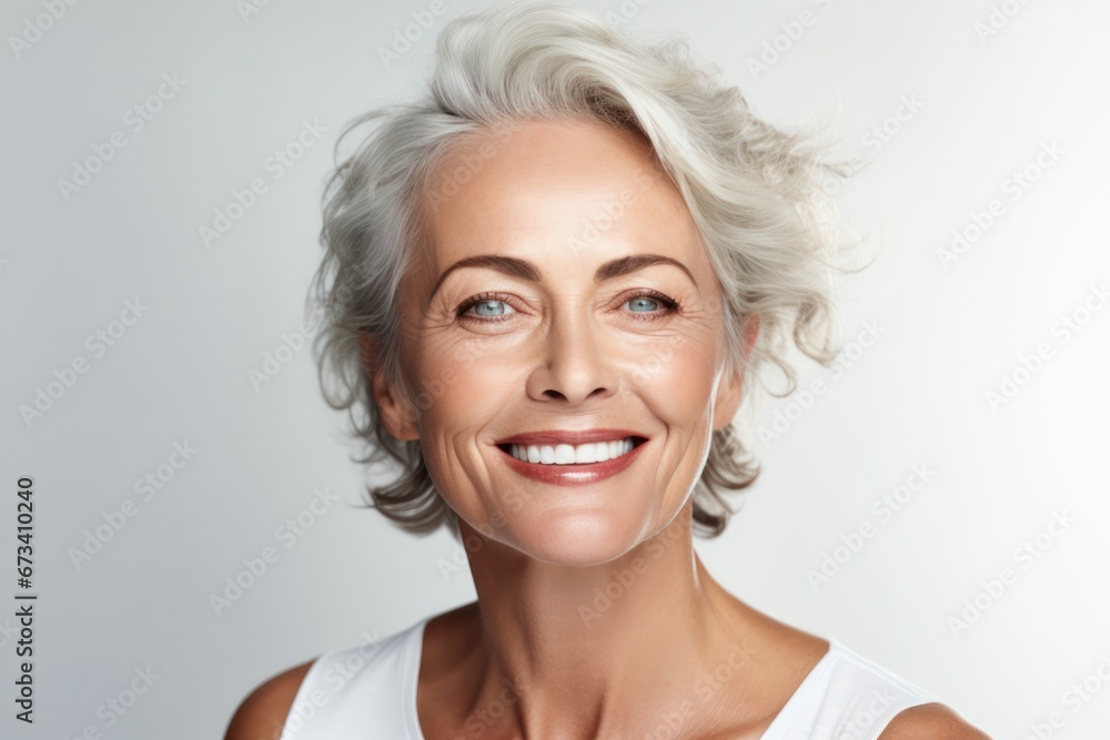 Radiant mature woman with elegant silver hair smiling, showcasing beauty and vitality