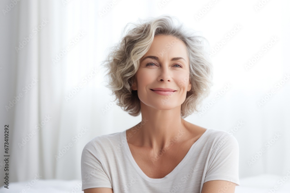 Contented mature woman with elegant wavy gray hair, smiling in a light, airy bedroom setting Contented mature woman with elegant wavy gray hair, smiling in a light, airy bedroom setting
