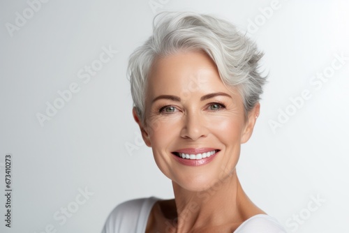 Elegant mature woman with stylish silver hair warm smile, embodying confidence and sophistication