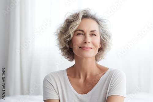 Free Download Contented mature woman with elegant wavy gray hair, smiling in a light, airy bedroom setting - GFXLoad