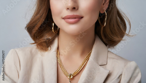Close-up of unknown female Woman in light beige jacket wearing golden chain necklace.