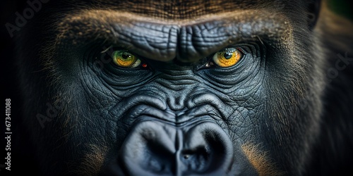 AI generated illustration of a close-up of a large, silverback gorilla gazing directly at the camera