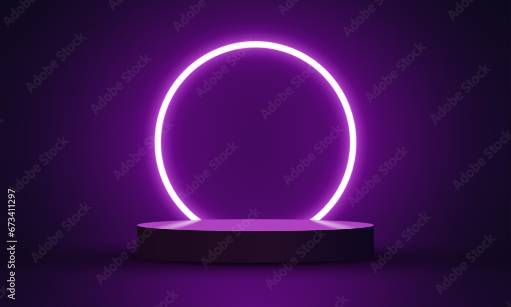 Empty podium with line gradient neon ring on background. Vector 3d render. illustration with abstract scene with pink and purple neon frame. Minimal stage with vibrant glow circle led lamp Empty podium with line gradient neon ring on background. Vector 3d render. illustration with abstract scene with pink and purple neon frame. Minimal stage with vibrant glow circle led lamp