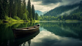 Boat in the lake on background with the green forest and mountains. Landscape wallpaper. Generative AI
