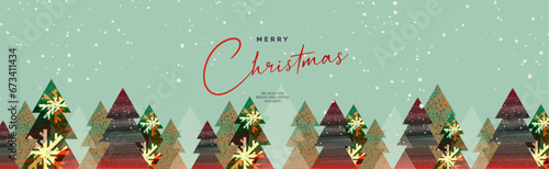 Merry Christmas and Happy New Year greeting card, poster, holiday cover. Modern Xmas design with typography, colorful Christmas trees and snowflakes. Invitation card, website banner, social media.