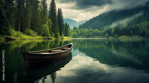 Boat in the lake on background with the green forest and mountains. Landscape wallpaper. Generative AI