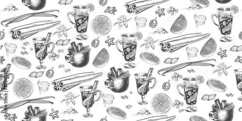 Seamless pattern with ingredients for mulled wine. Sketch style glasses with mulled wine, spices. Black and white hand drawn illustration with winter drinks. Wine bottle, cinnamon, orange, vanilla