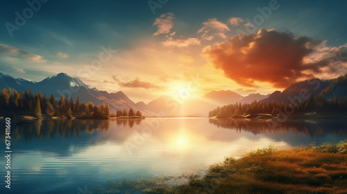 Beautiful landscape wallpaper with lake with view on mountains. Nature background. Generative AI