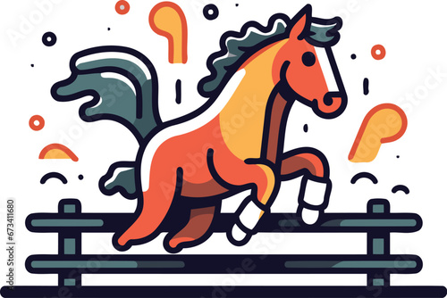 Horse jumping over fence. Vector illustration in flat cartoon style.
