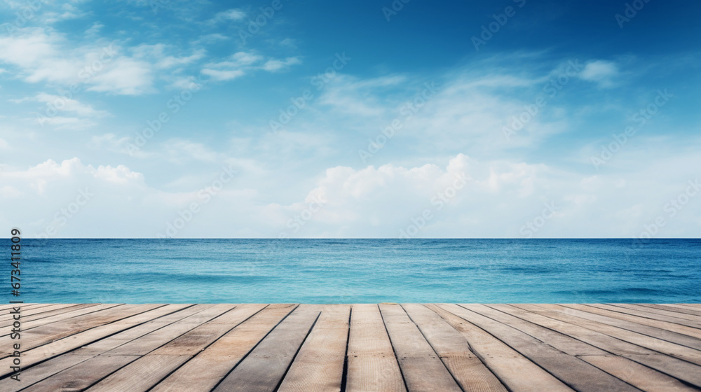 Fototapeta premium Wooden jetty with view on blue sea. Copy space. Generative AI