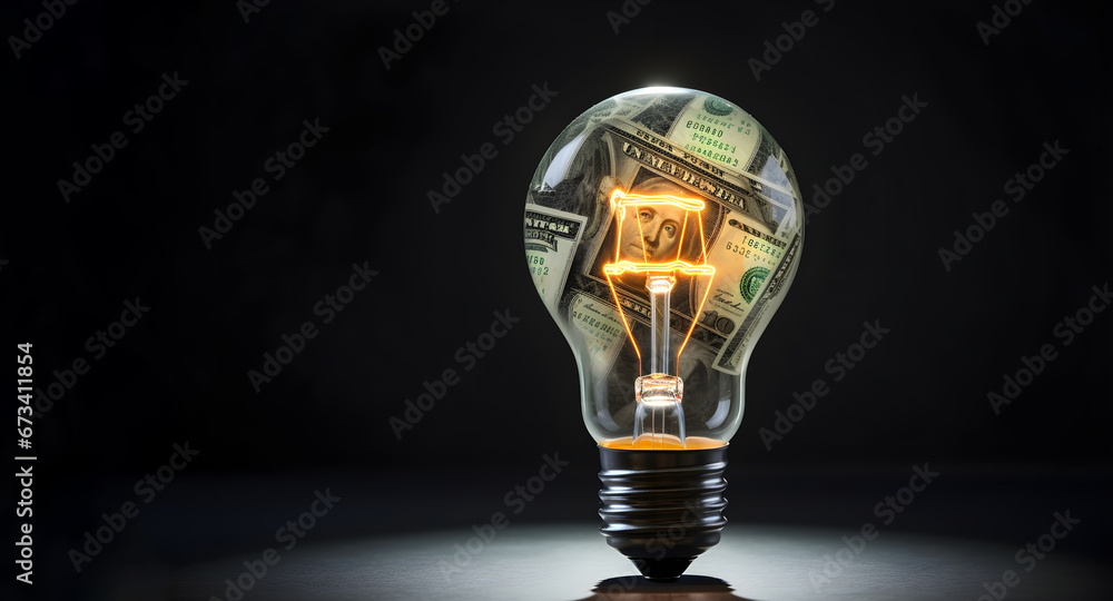 light bulb with money inside of it, symbolizing the power of financial creativity. The light bulb is glowing brightly, suggesting that new ideas and solutions can lead to financial success - obrazy, fototapety, plakaty 
