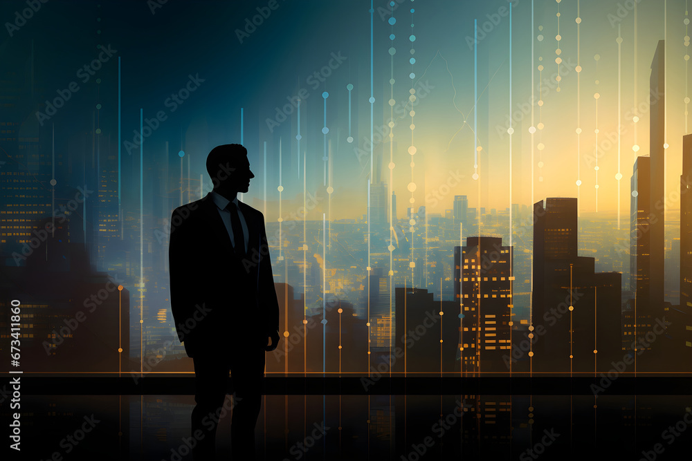 silhouette of a suited businessman gazing at a radiant urban backdrop, symbolizing investing, success, and financial growth. A powerful image capturing the essence of financial aspirations - obrazy, fototapety, plakaty 