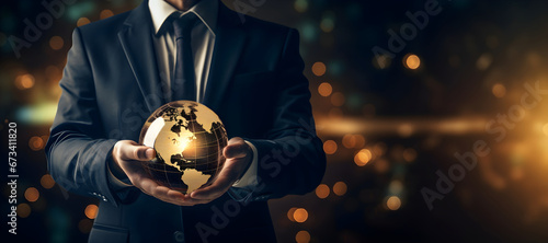 Closeup of businessman holding a miniature globe with bokeh background and copyspae text.Concept for global business, international expansion, and diversity & inclusivity