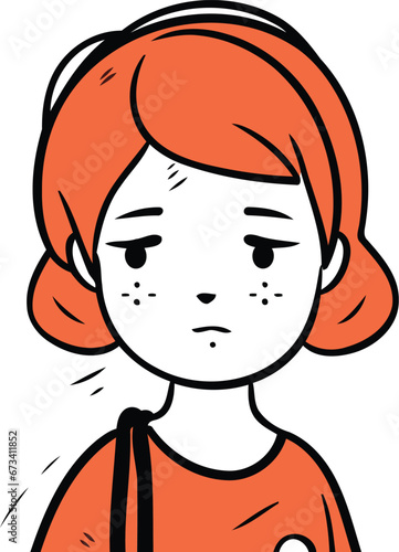 Sad girl with acne on her face. Vector illustration in sketch style.