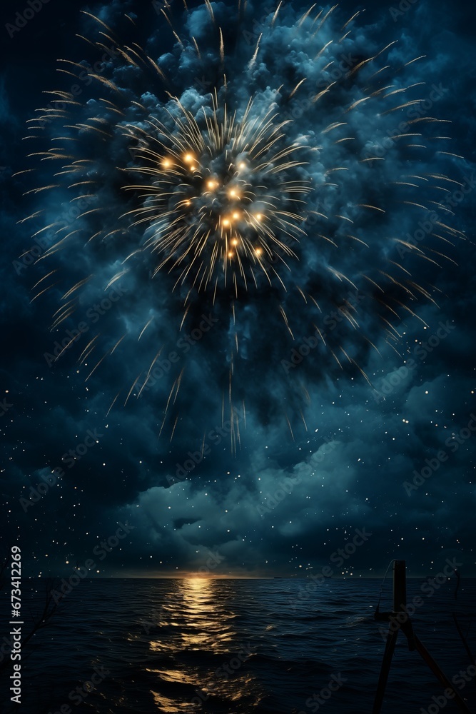 Fototapeta premium Abstract colored fireworks with free space for text. Festive background. New Year card.