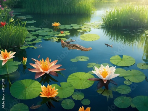 water lilies floating in a pond with lily pads