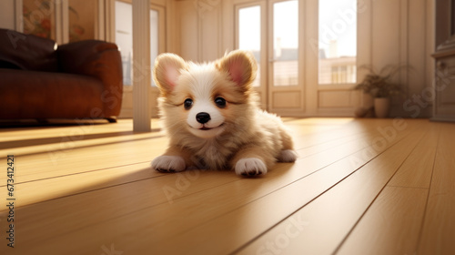 Playful puppy in wooden floor morning light. Generic interior shot, front on view. © Nataliya