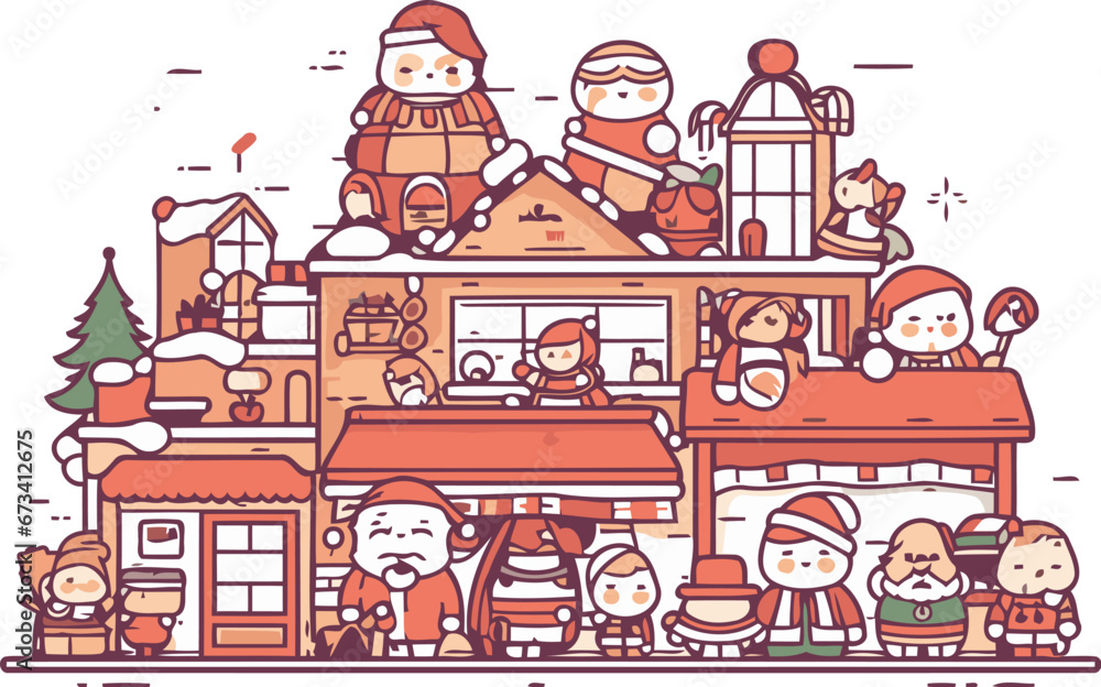 Fototapeta premium Vector illustration of Santa Claus and children in front of a shop.